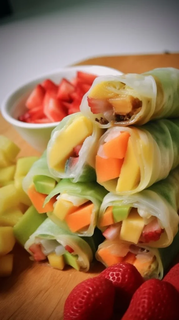 Colorful fruit spring rolls, a kid's favorite party snack, filled with fresh fruits