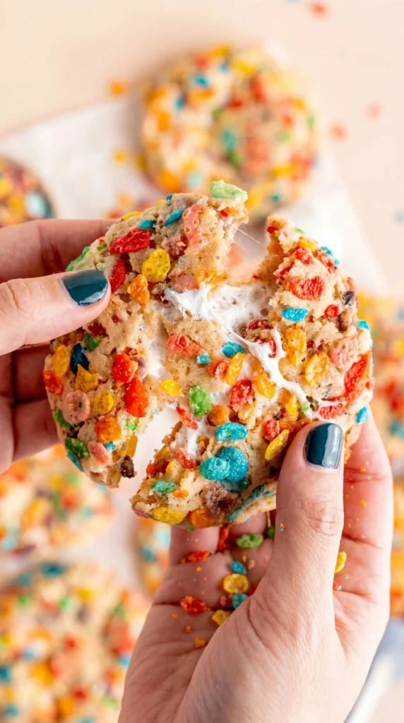Fruity Pebble Marshmallow Cookies on a plate, colorful and delicious treat.