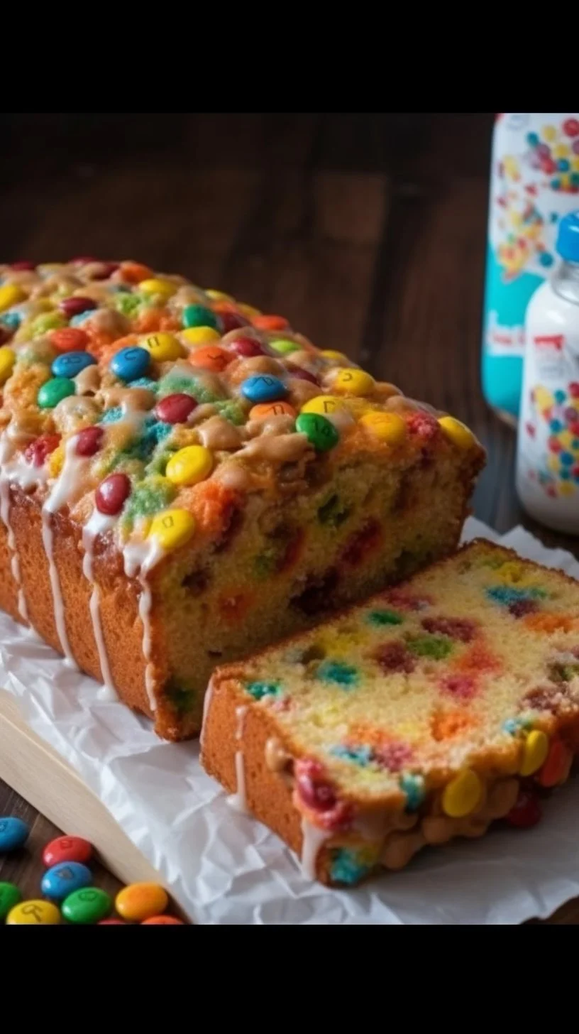 Fruity Pebbles Breakfast Bread topped with colorful cereal