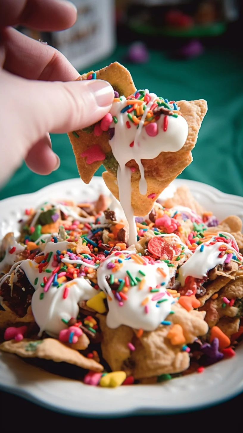 A bowl of Funfetti Dessert Nachos topped with colorful sprinkles and whipped cream.