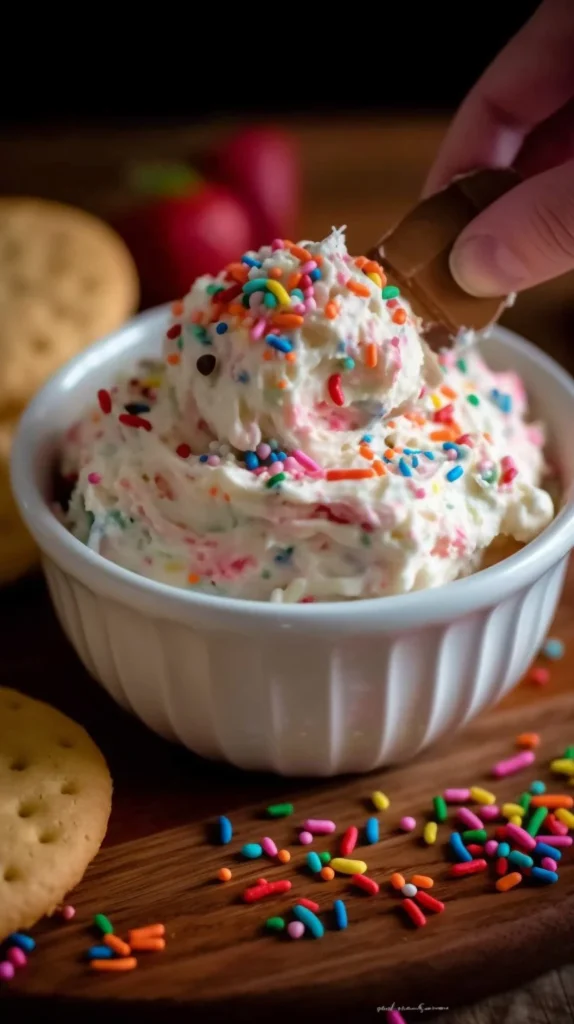 Delicious Funfetti Dip served in a bowl with colorful sprinkles