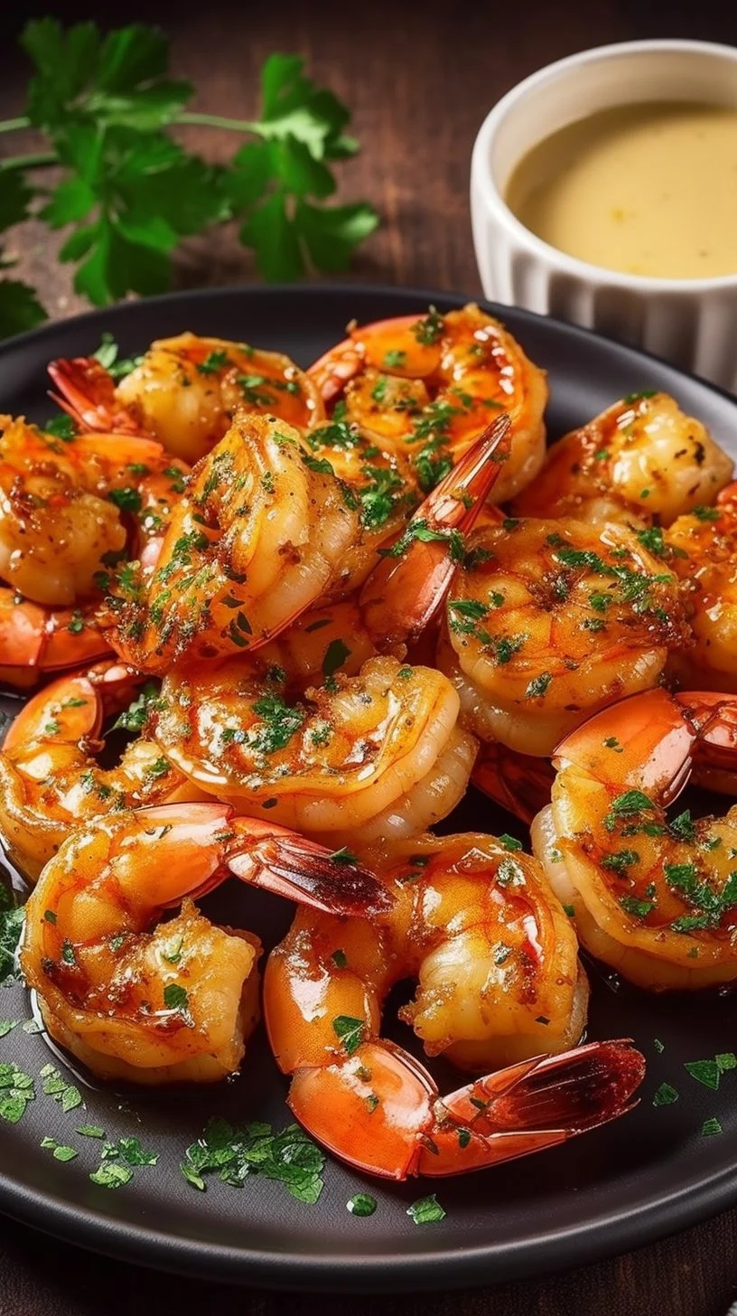 Delicious Garlic Butter Shrimp Platter served with fresh herbs and lemon wedges.