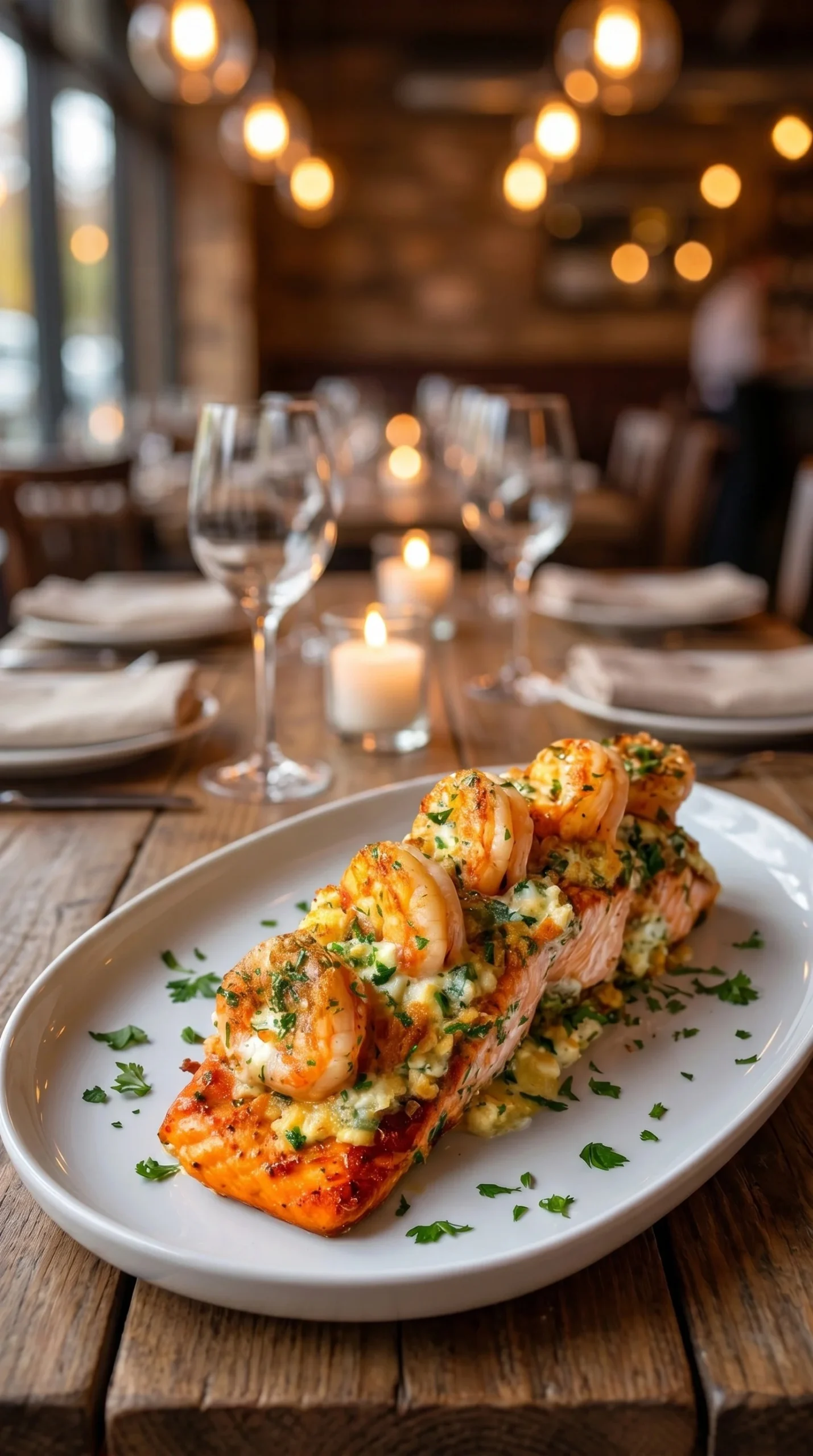 Garlic butter shrimp stuffed salmon garnished with herbs.