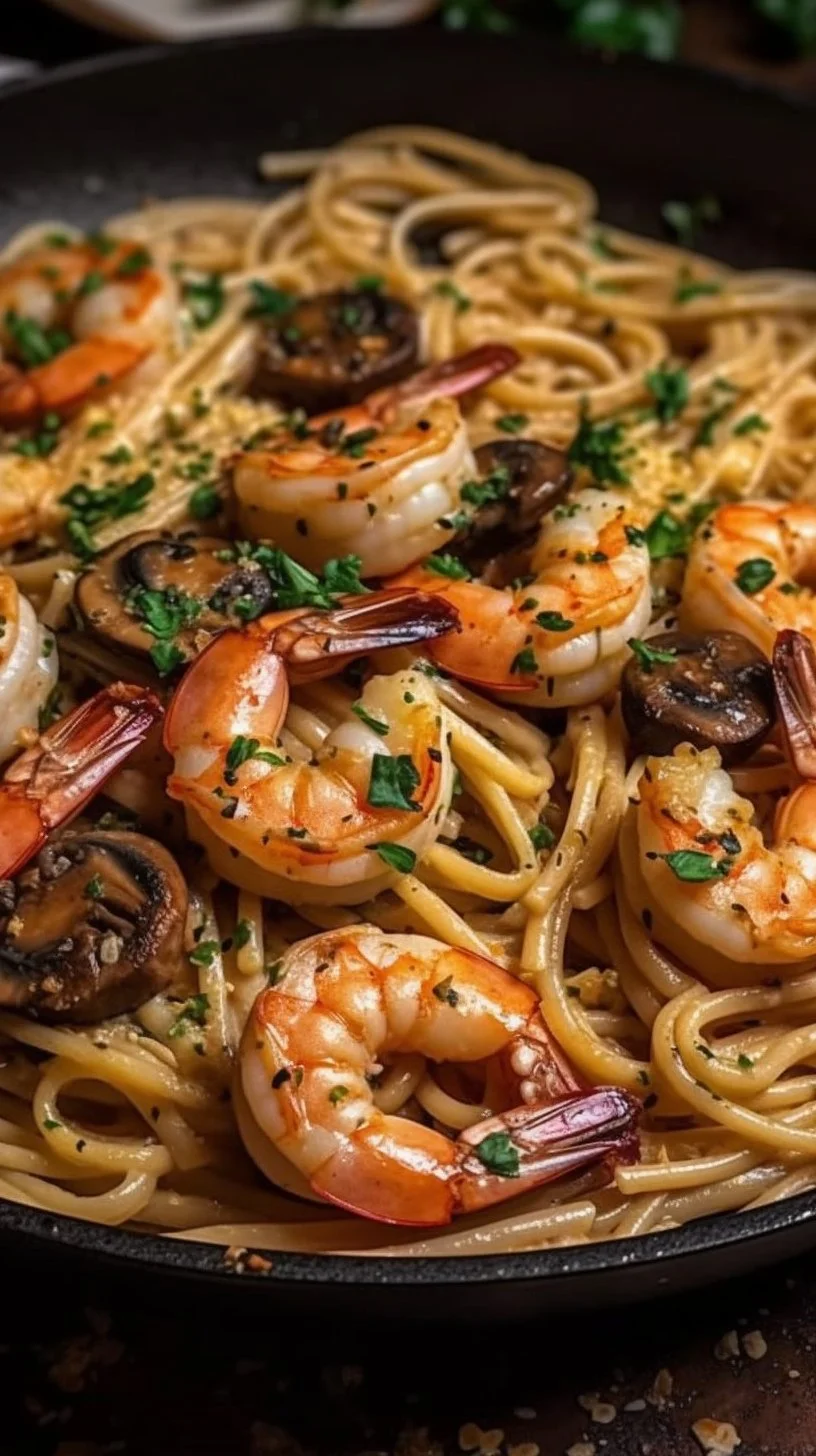 A bowl of Garlic Pasta with Shrimp, Mushrooms, and Fresh Parsley garnished on top.