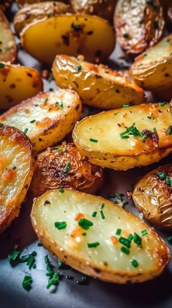 Baked garlic roasted potatoes, golden brown and garnished with herbs