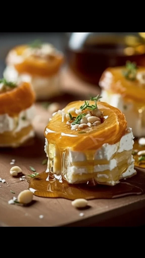 Goat cheese and honey bites served on a rustic wooden platter