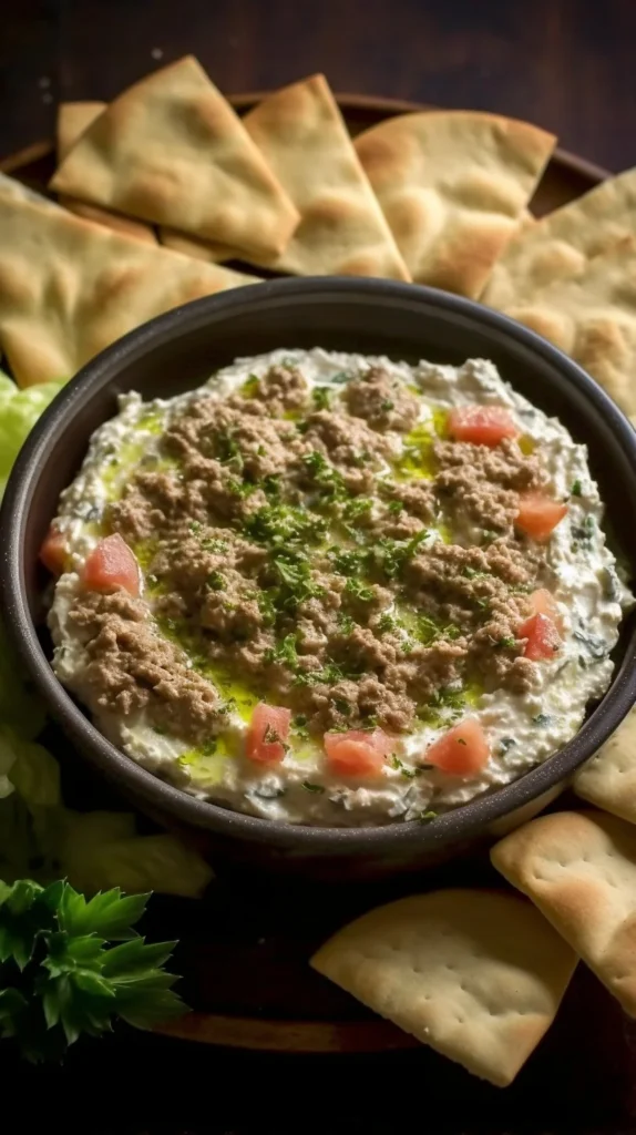 Bowl of Greek Lamb Dip served with pita bread and fresh herbs