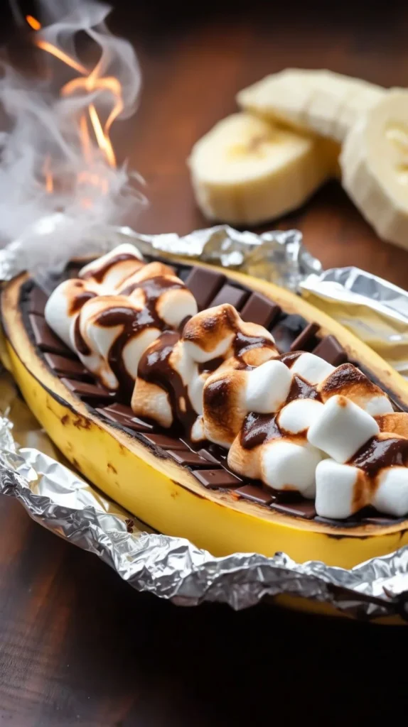 Grilled chocolate marshmallow bananas served on a rustic wooden table