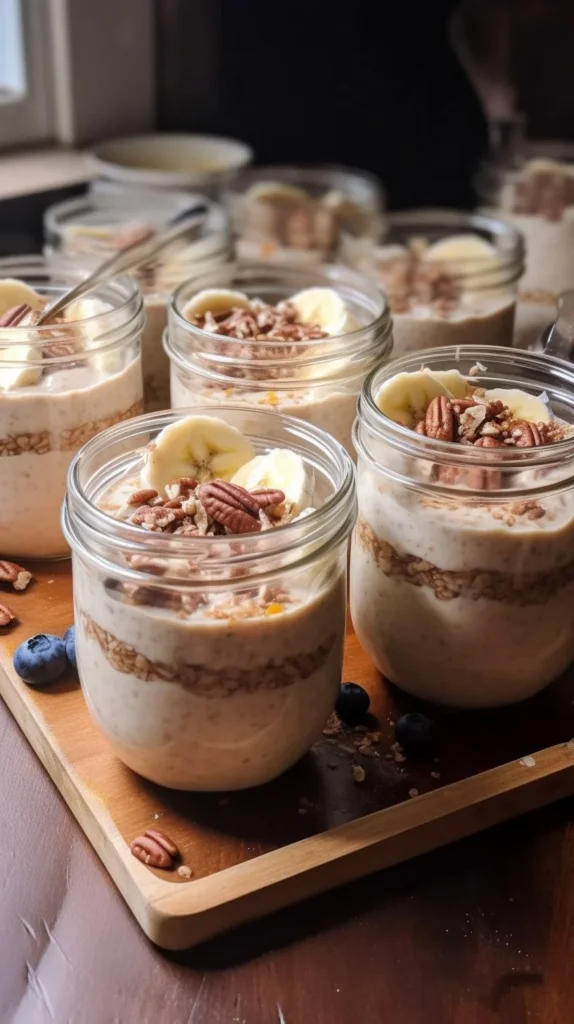 Bowl of high-protein Greek yogurt overnight oats topped with fruits and nuts