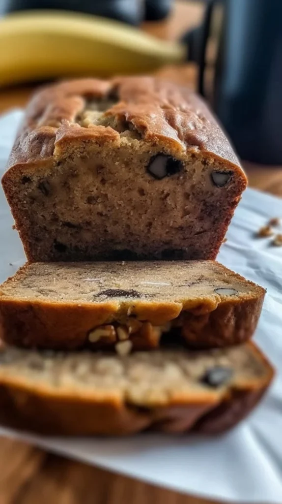 Freshly baked homemade banana bread with sliced bananas on a wooden table