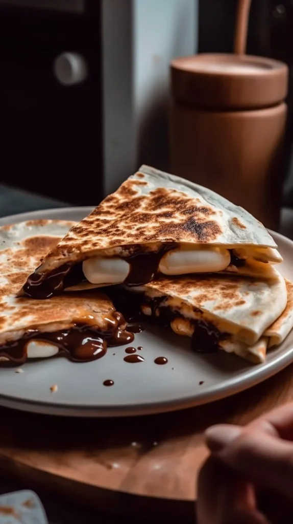 Homemade Blackstone s'mores quesadilla with chocolate and marshmallows