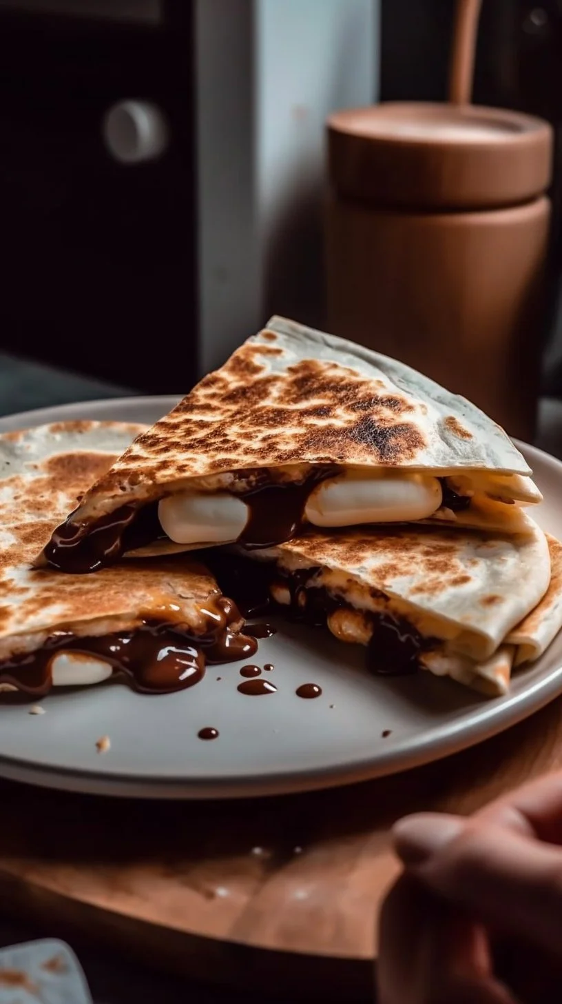 Homemade Blackstone s'mores quesadilla with chocolate and marshmallows