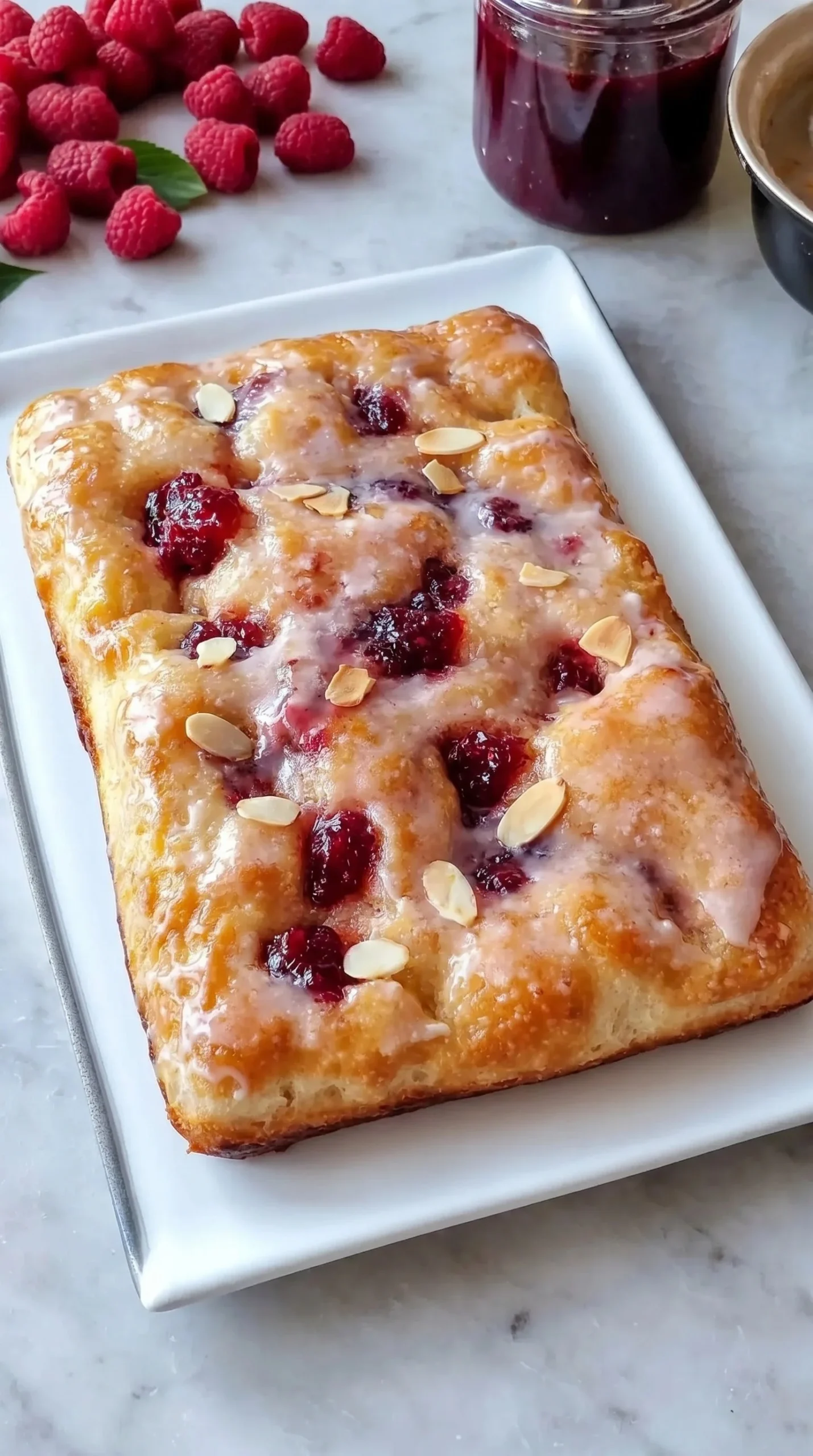 Homemade jam donut focaccia topped with sweet jam in a fluffy bread.