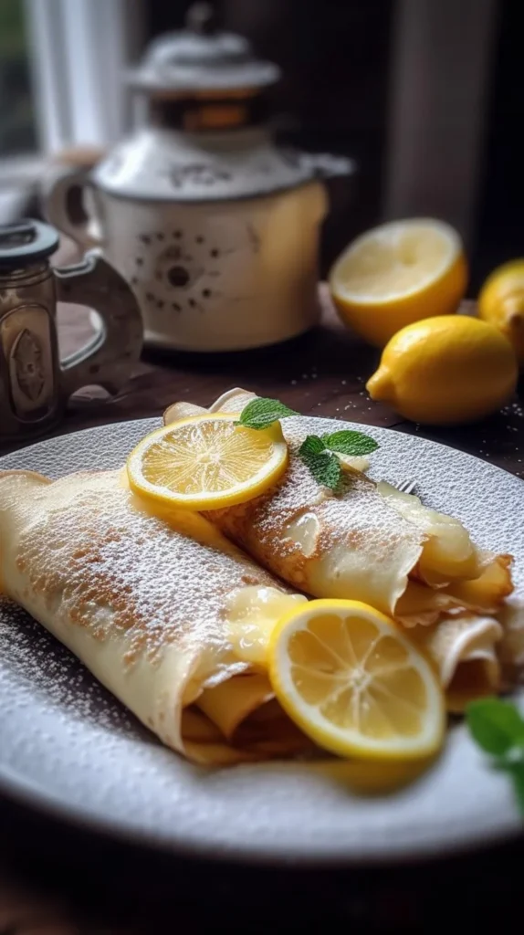 Fluffy homemade lemon crepes rolled and filled with lemon cream.
