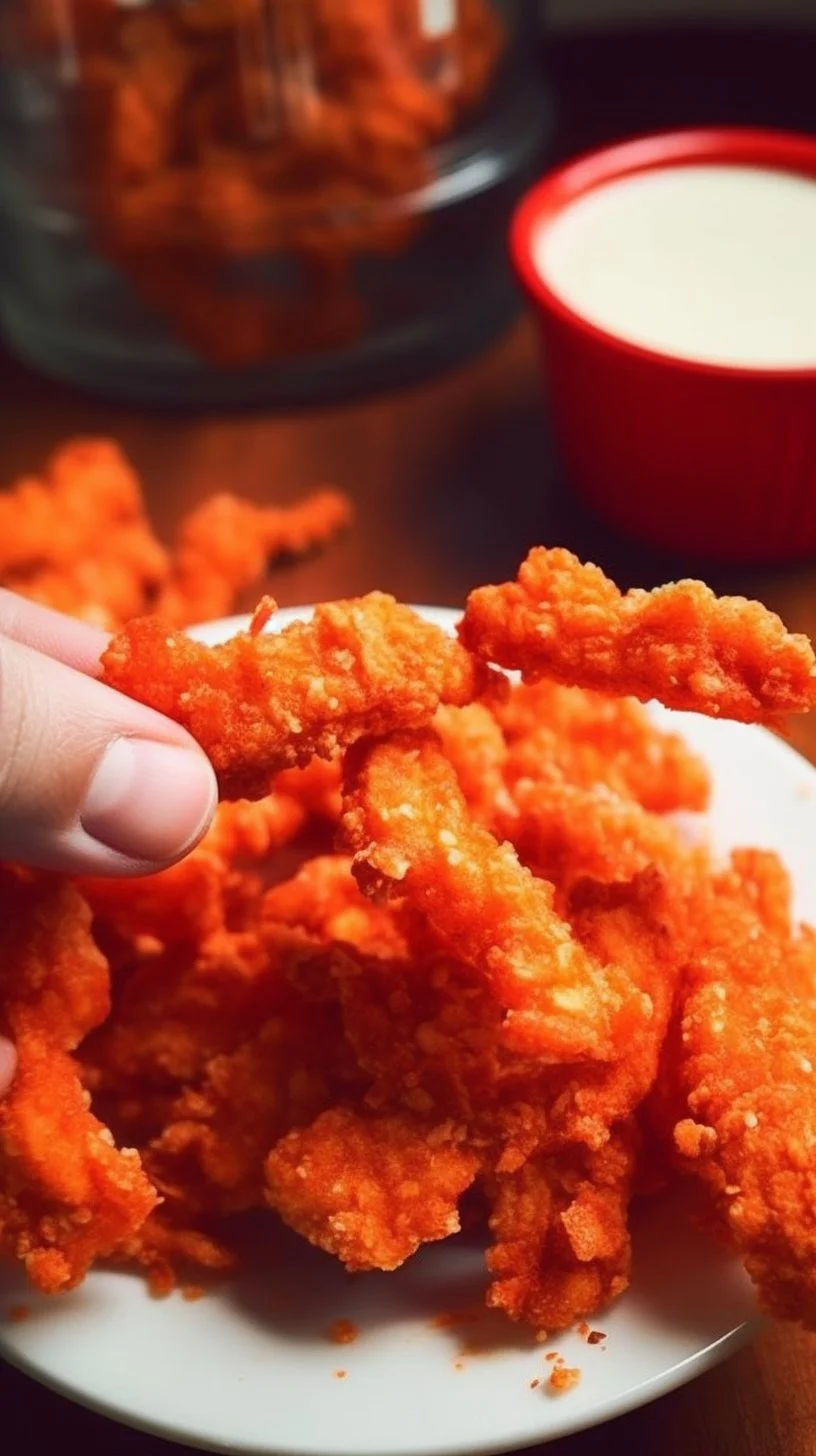 Hot Cheetos Chicken Strips served on a plate, showcasing their crispy coating
