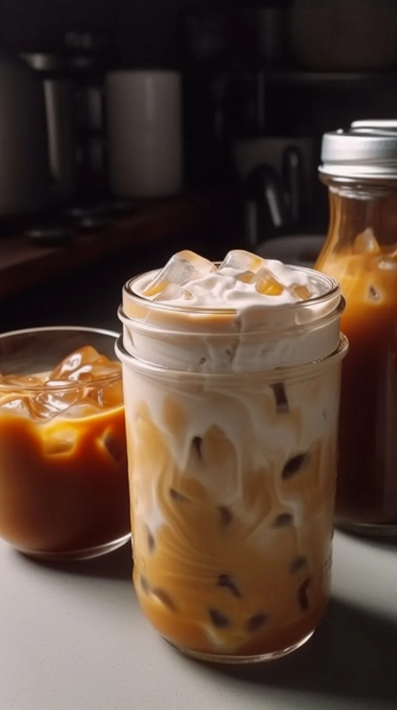 Iced Caramel Macchiato with caramel drizzle and espresso in a glass