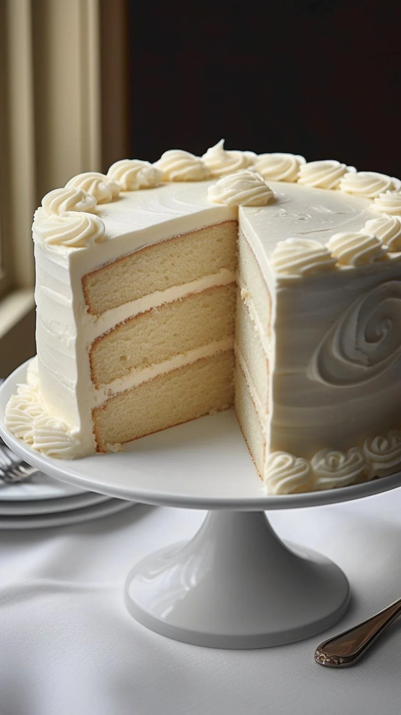 Heavenly white snack cake topped with creamy frosting and fresh berries.