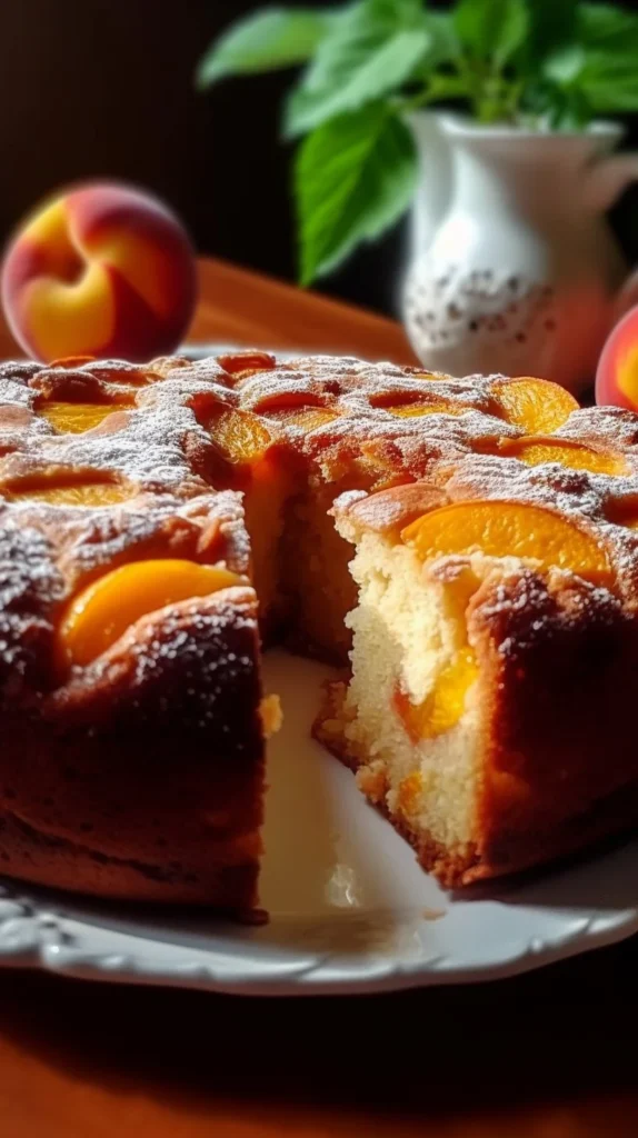 Irresistible summer peach cake topped with fresh peaches and whipped cream