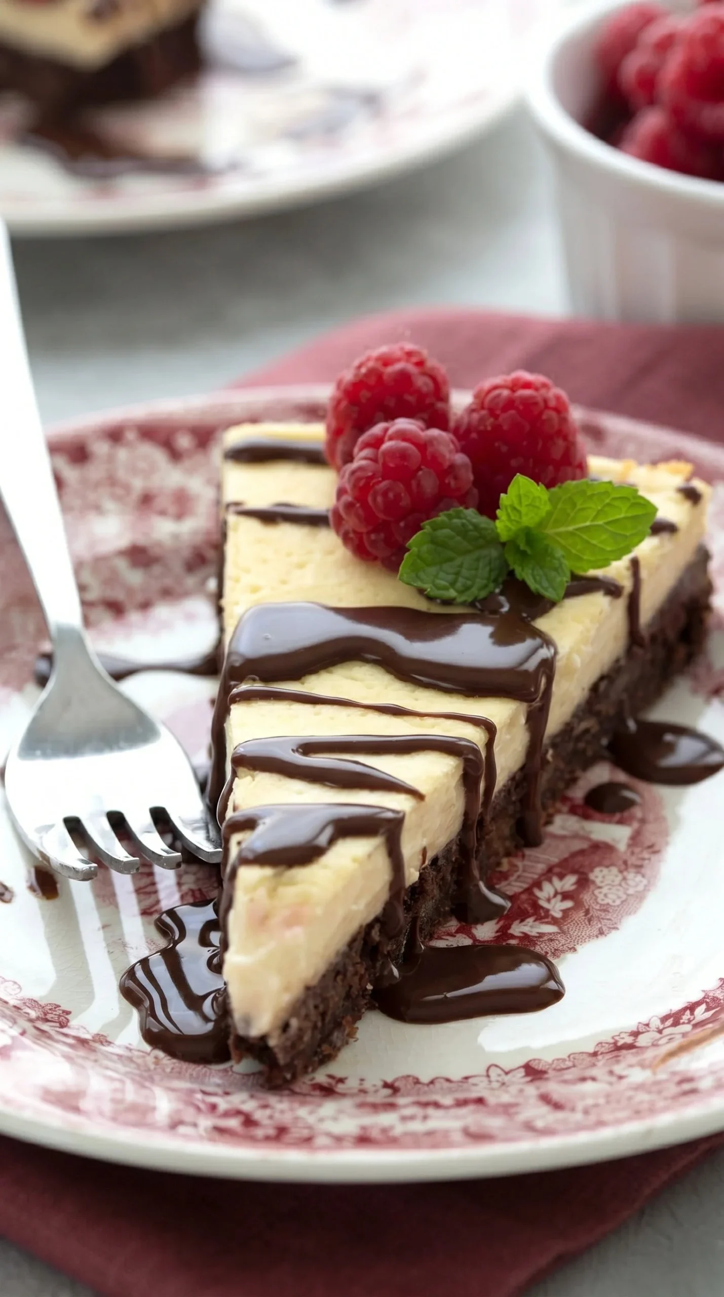 Delicious Keto Brownie Cheesecake sliced on a plate with chocolate drizzle