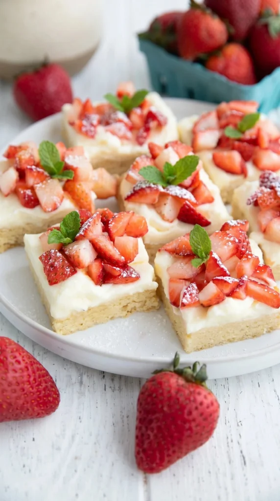 Keto Strawberry Shortcake Bars with fresh strawberries and whipped cream