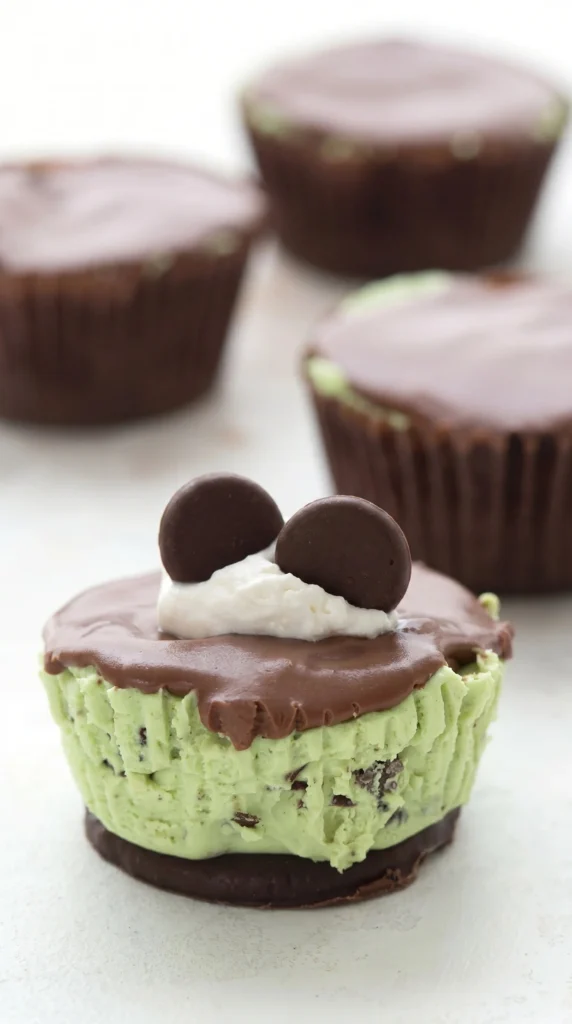 Keto Thin Mint Cheesecakes with chocolate crust and mint topping
