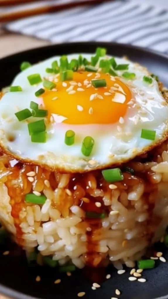 Bowl of Korean Egg Rice topped with a fried egg and vegetables
