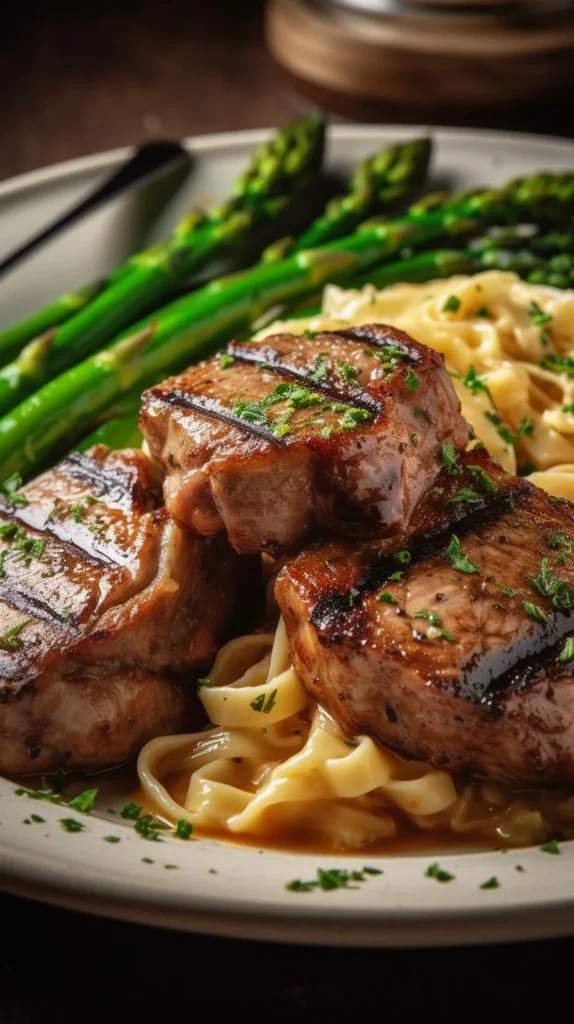 Plate of lamb chops served with shrimp alfredo and broccolini on a rustic table.