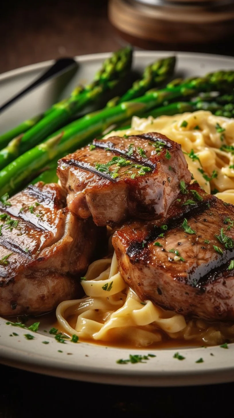 Plate of lamb chops served with shrimp alfredo and broccolini on a rustic table.
