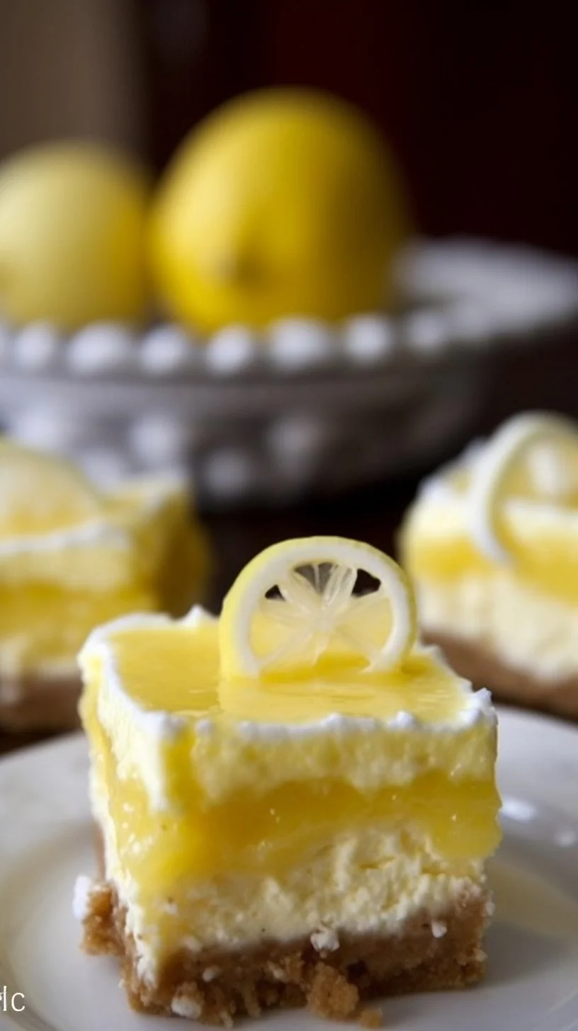 Delicious lemon cheesecake bars with a creamy filling and graham cracker crust
