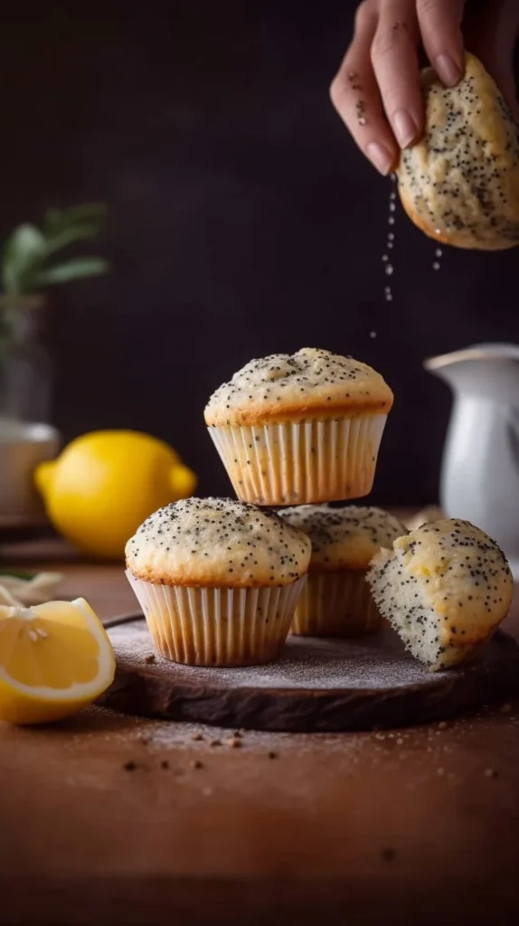 Freshly baked lemon poppy seed muffins on a wooden table