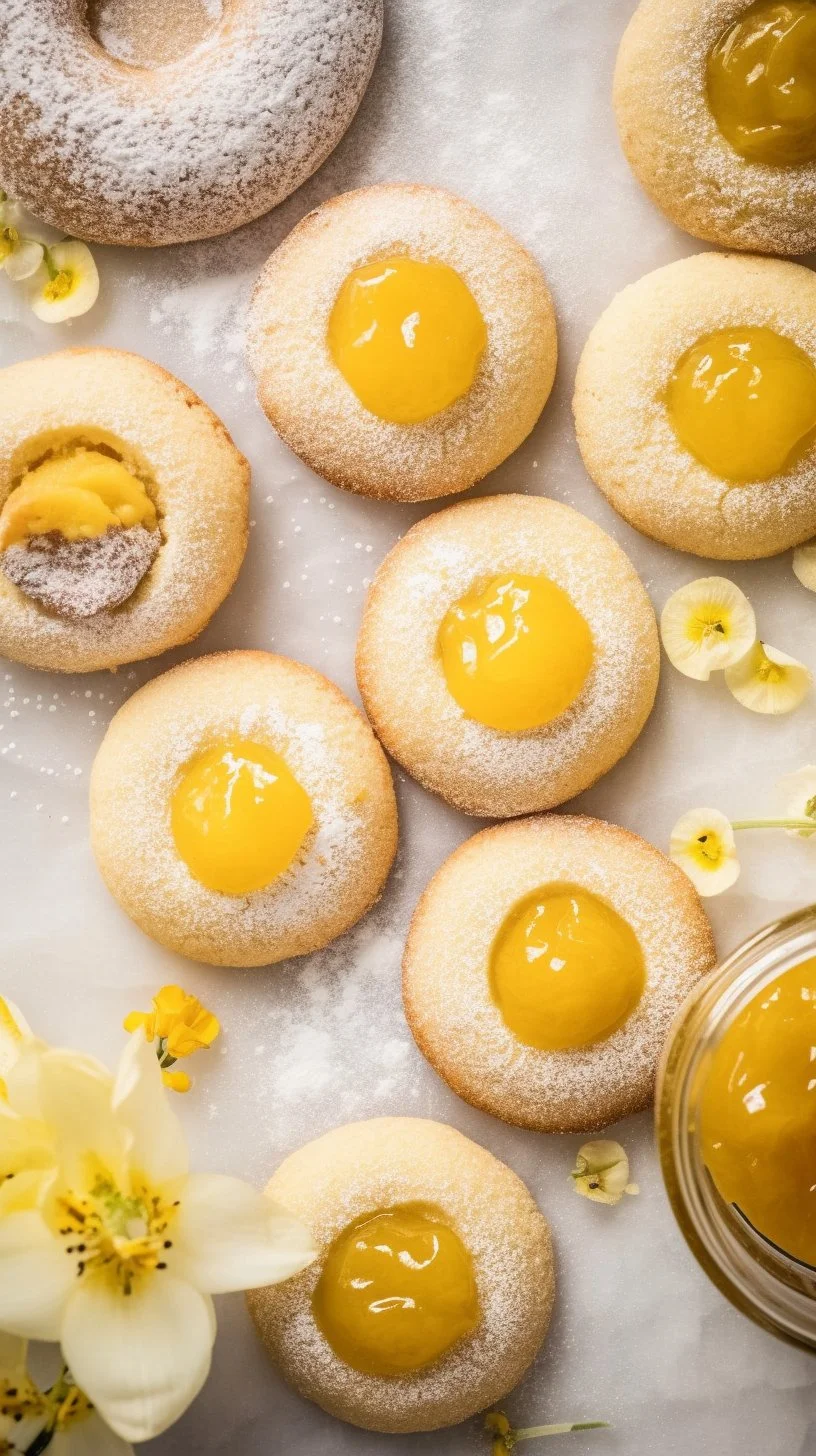 Freshly baked Lemon Thumbprint Cookies with lemon glaze on a rustic table