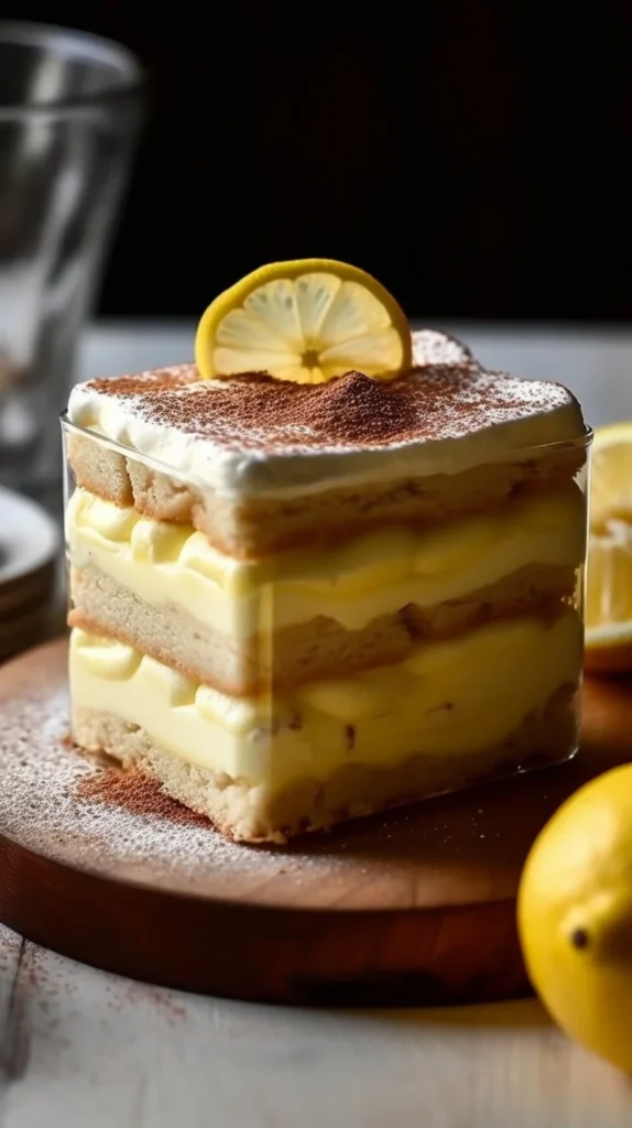 Delicious Lemon Tiramisu served in a glass dish with lemon garnish