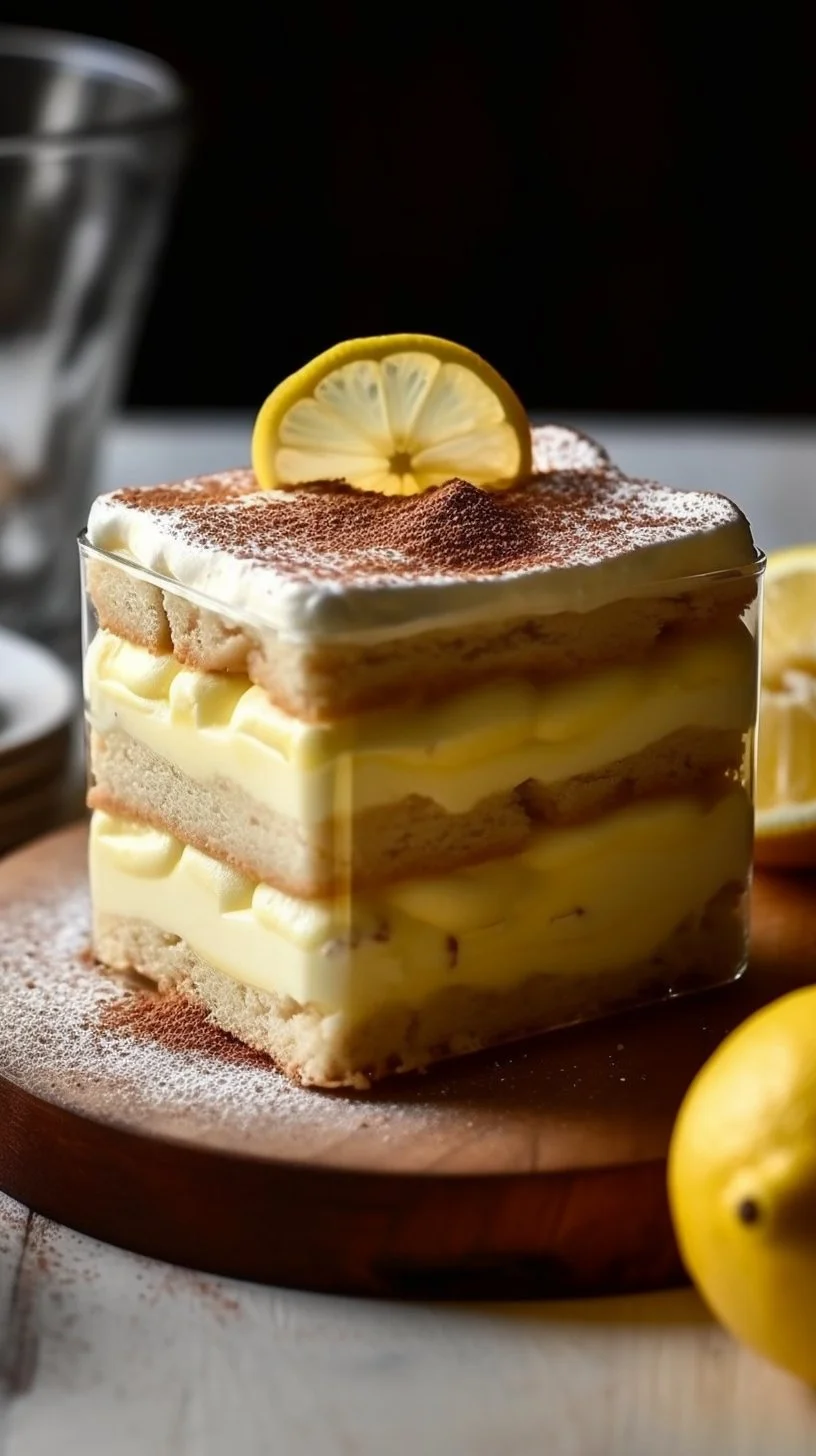 Delicious Lemon Tiramisu served in a glass dish with lemon garnish