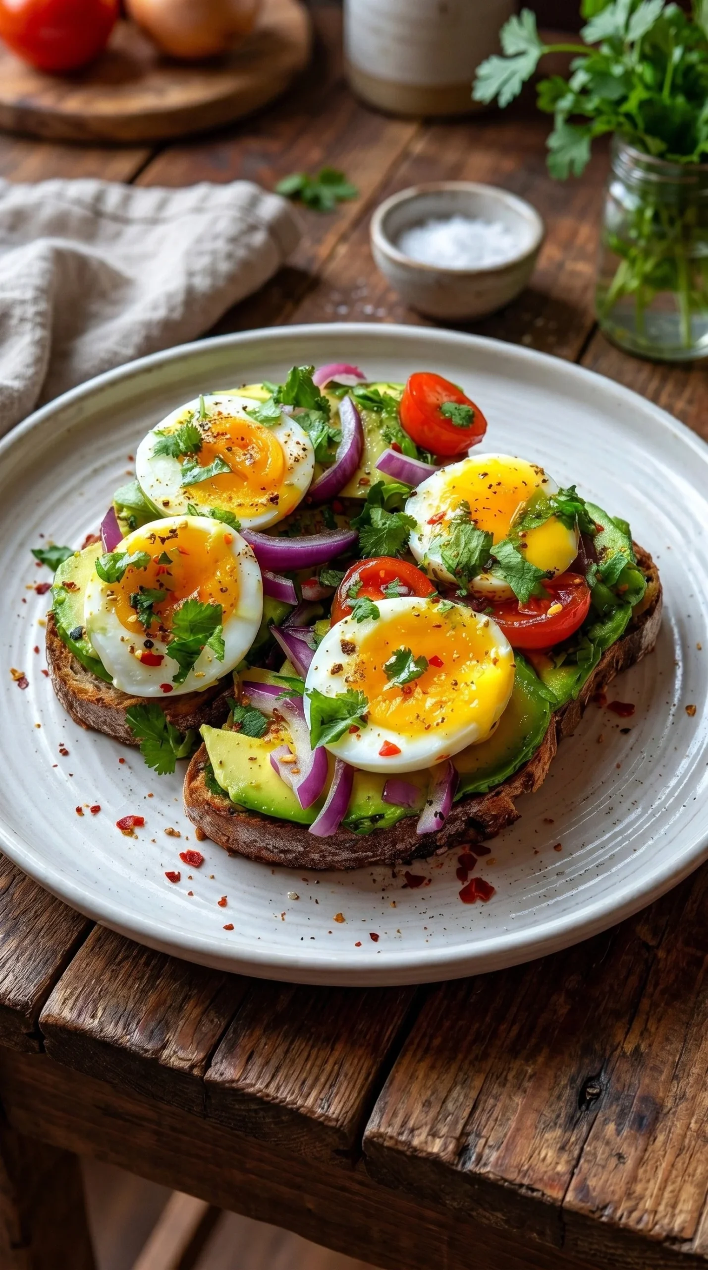 Loaded avocado toast with jammy eggs and fresh herbs