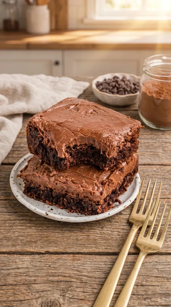 Delicious plate of homemade Lunch Lady brownies with chocolate drizzle.