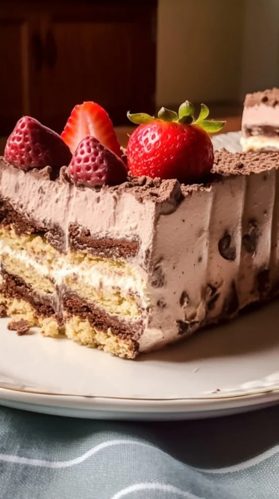 Delicious Magic Fridge Cake layered with chocolate and cream, perfect for dessert.