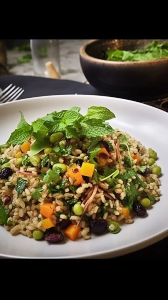 Colorful Mediterranean Rice Salad with fresh vegetables and herbs