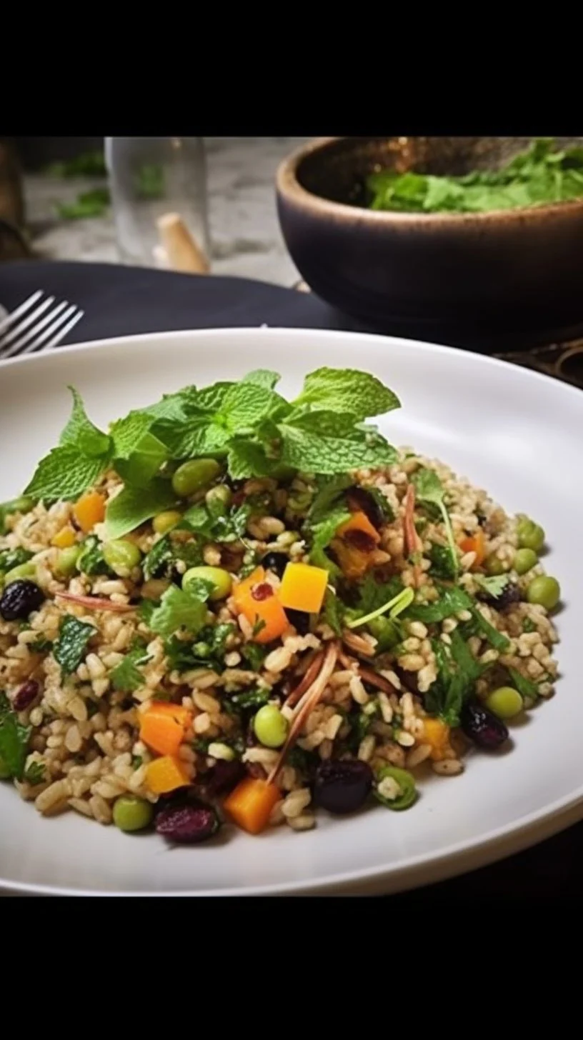 Colorful Mediterranean Rice Salad with fresh vegetables and herbs