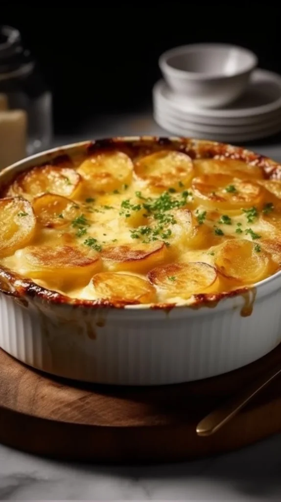Delicious Melting Dauphinois Gratin topped with layers of cheese and cream