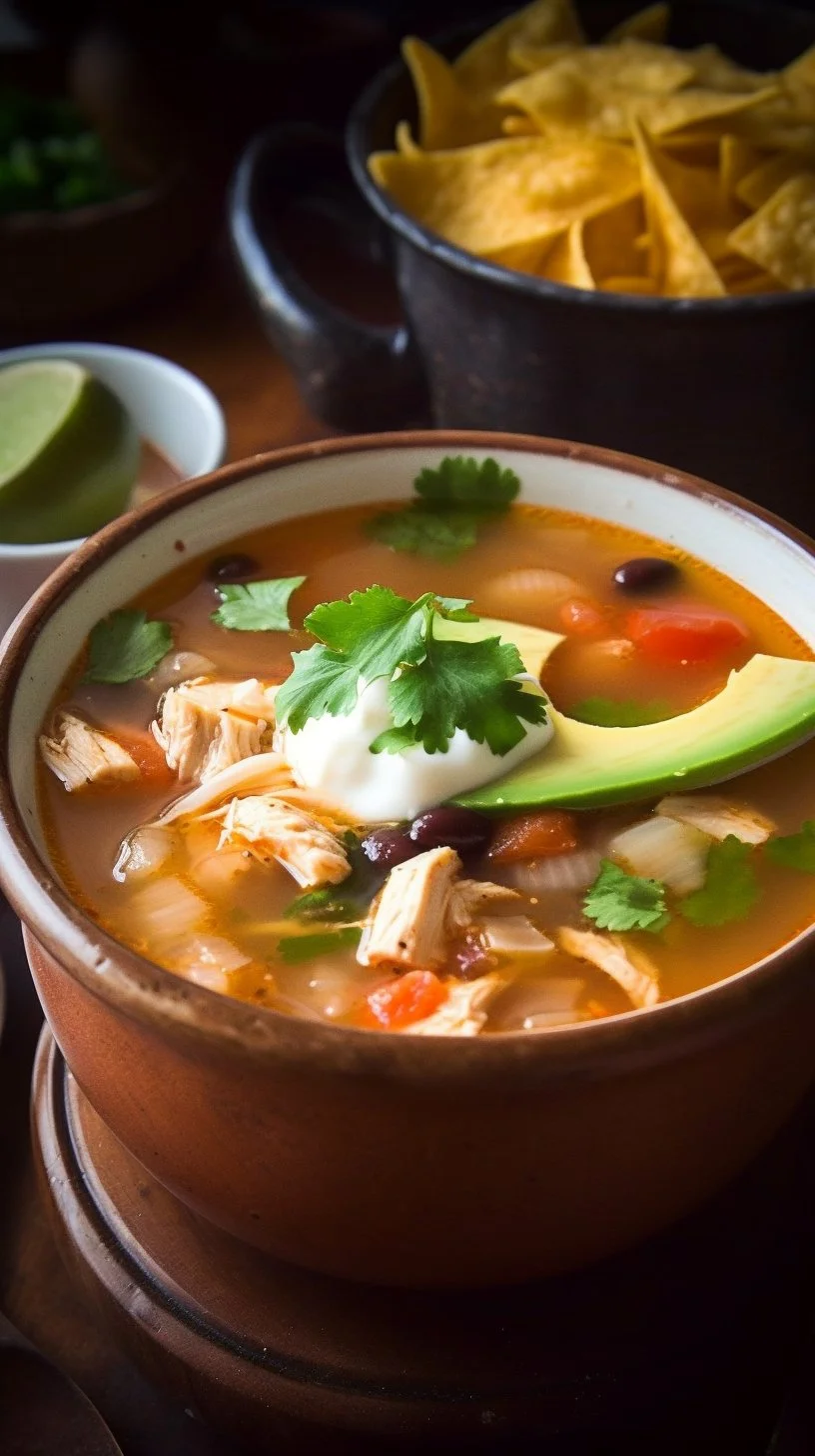 Bowl of delicious Mexican Chicken Soup garnished with fresh cilantro and lime.
