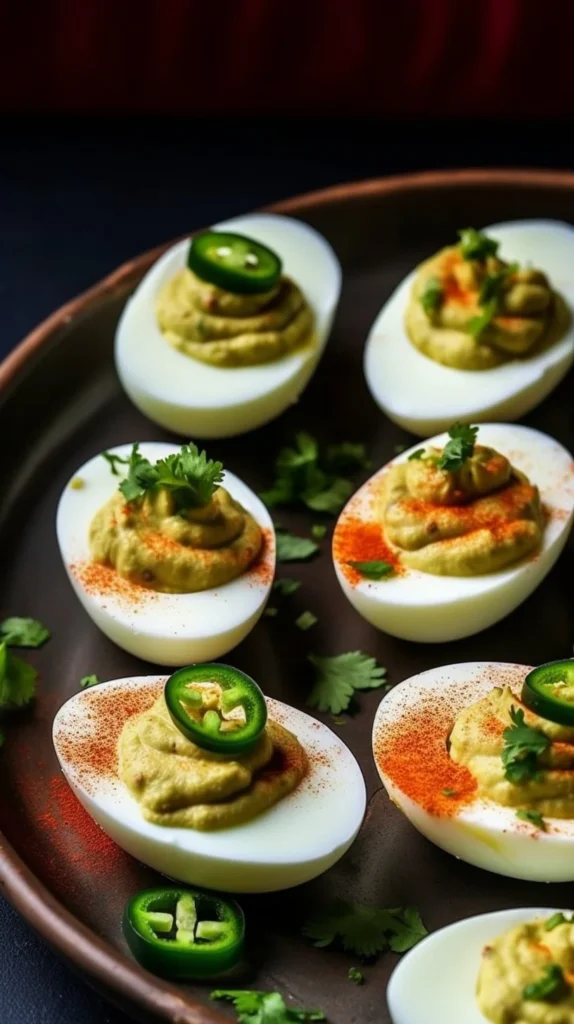 Plate of colorful Mexican Deviled Eggs topped with spices and herbs