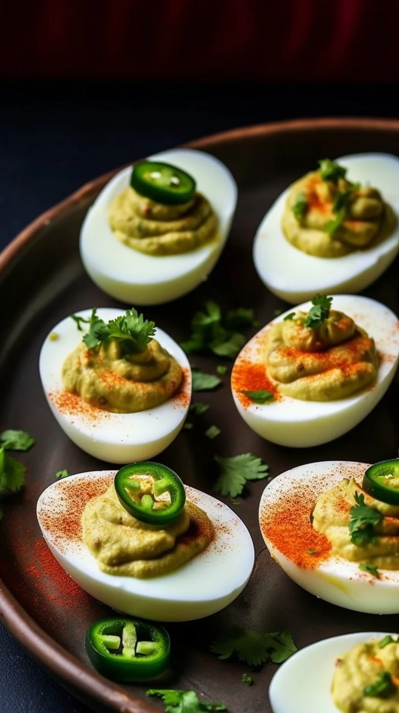 Plate of colorful Mexican Deviled Eggs topped with spices and herbs