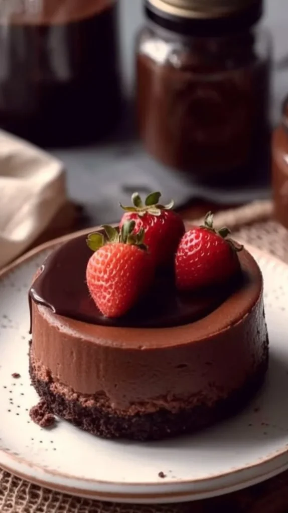 Delicious mini chocolate cheesecake topped with chocolate drizzle and berries.
