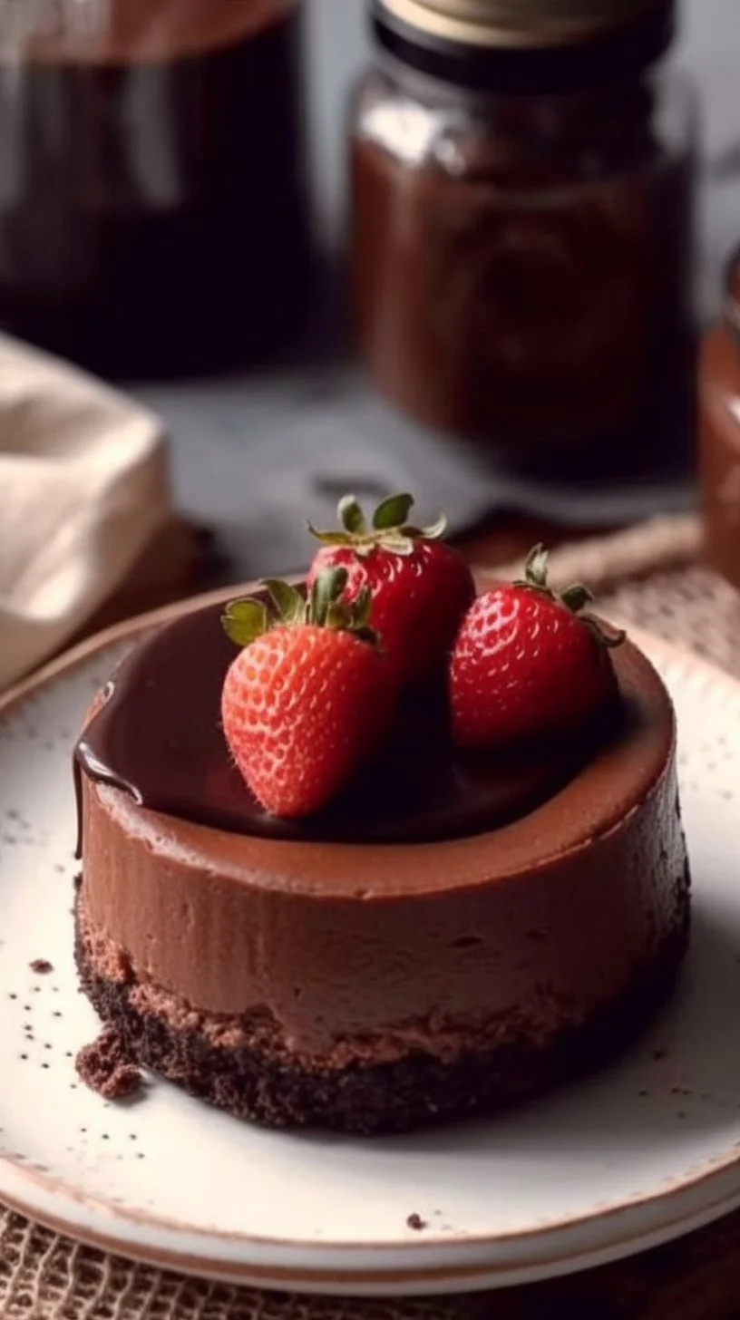 Delicious mini chocolate cheesecake topped with chocolate drizzle and berries.