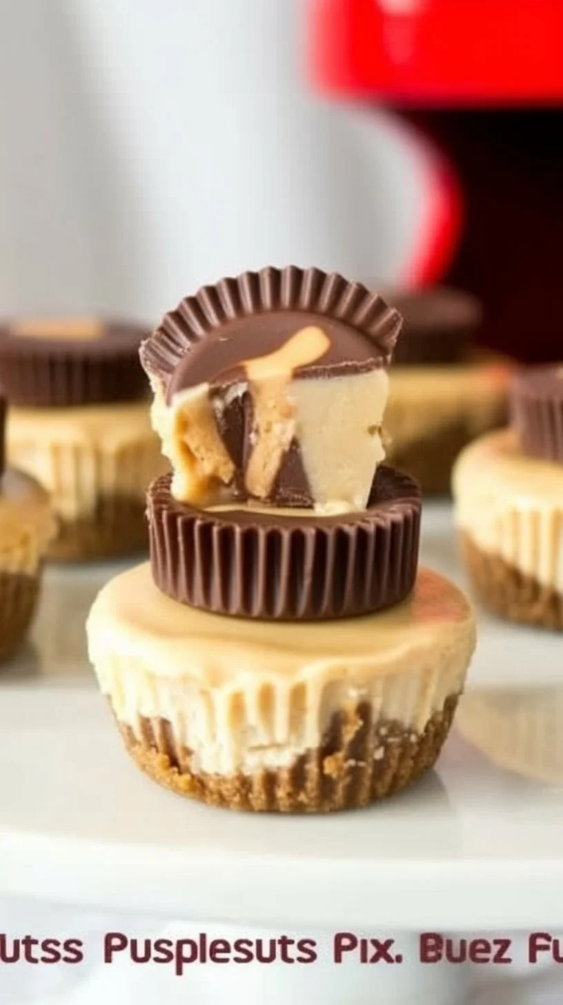 Mini Peanut Butter Cup Cheesecakes topped with chocolate and peanut butter cups