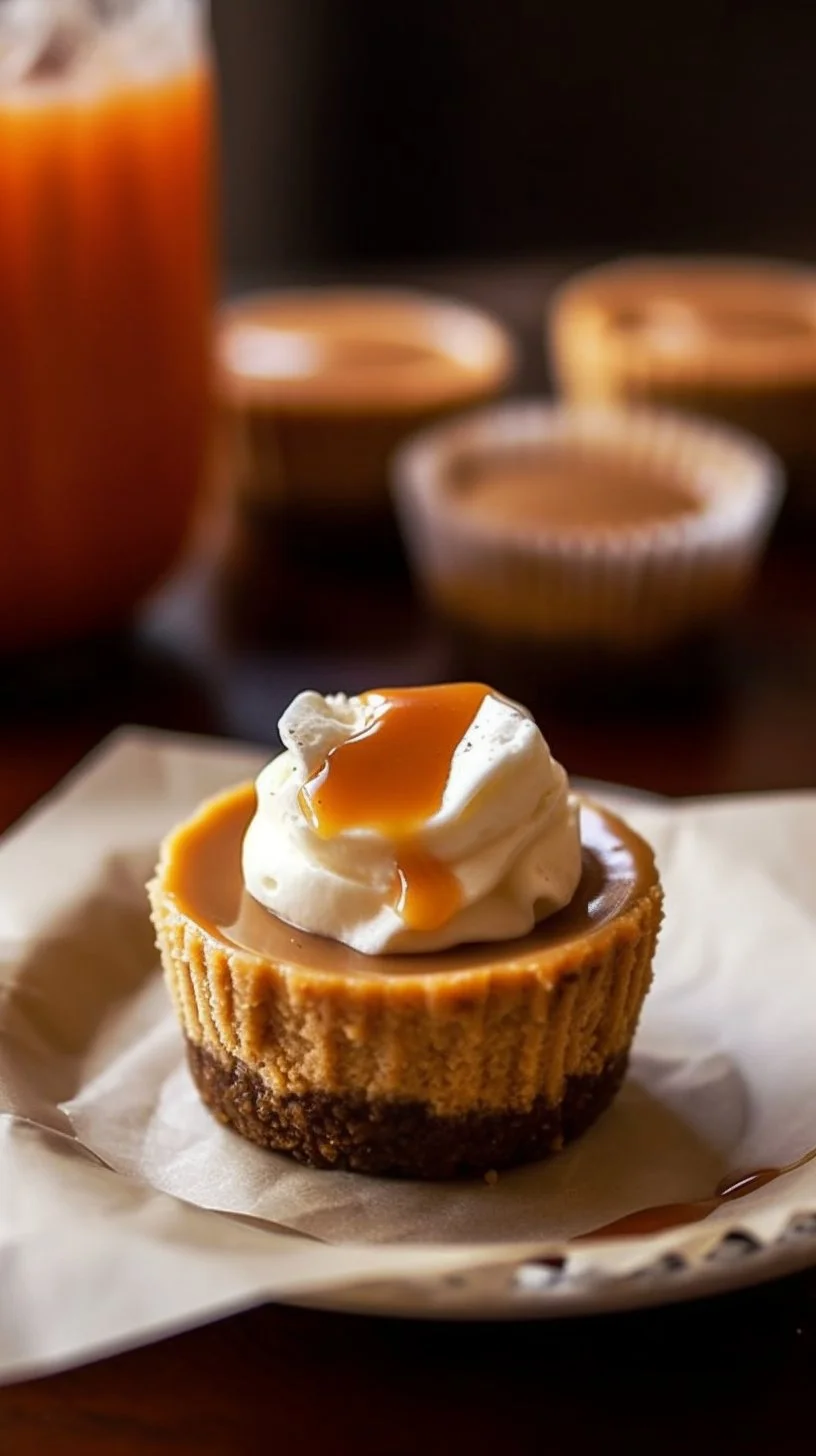Mini pumpkin cheesecakes topped with whipped cream and spices