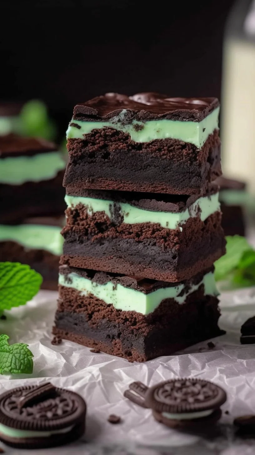 Delicious Mint Oreo Brownies topped with mint cream and crushed Oreos