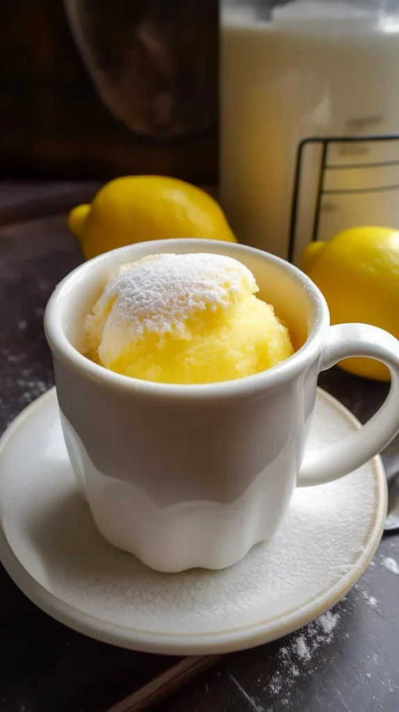 Moist lemon mug cake served in a mug with fresh lemon slices