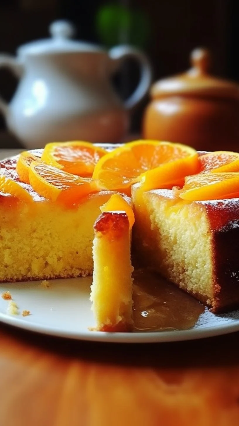 Moist orange cake with creamy homemade topping on a plate