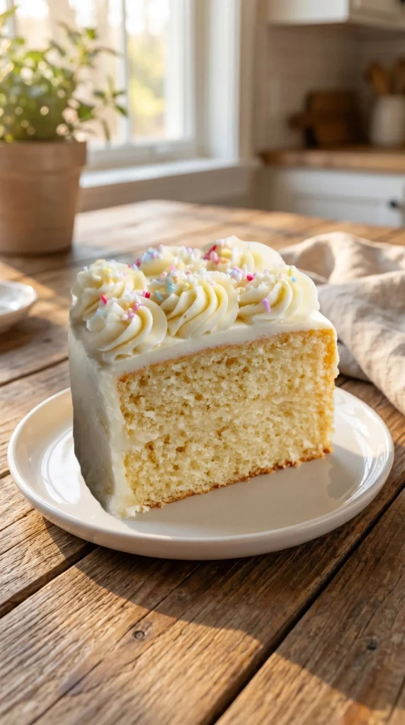 Moist vanilla layer cake with creamy frosting and fresh berries on top